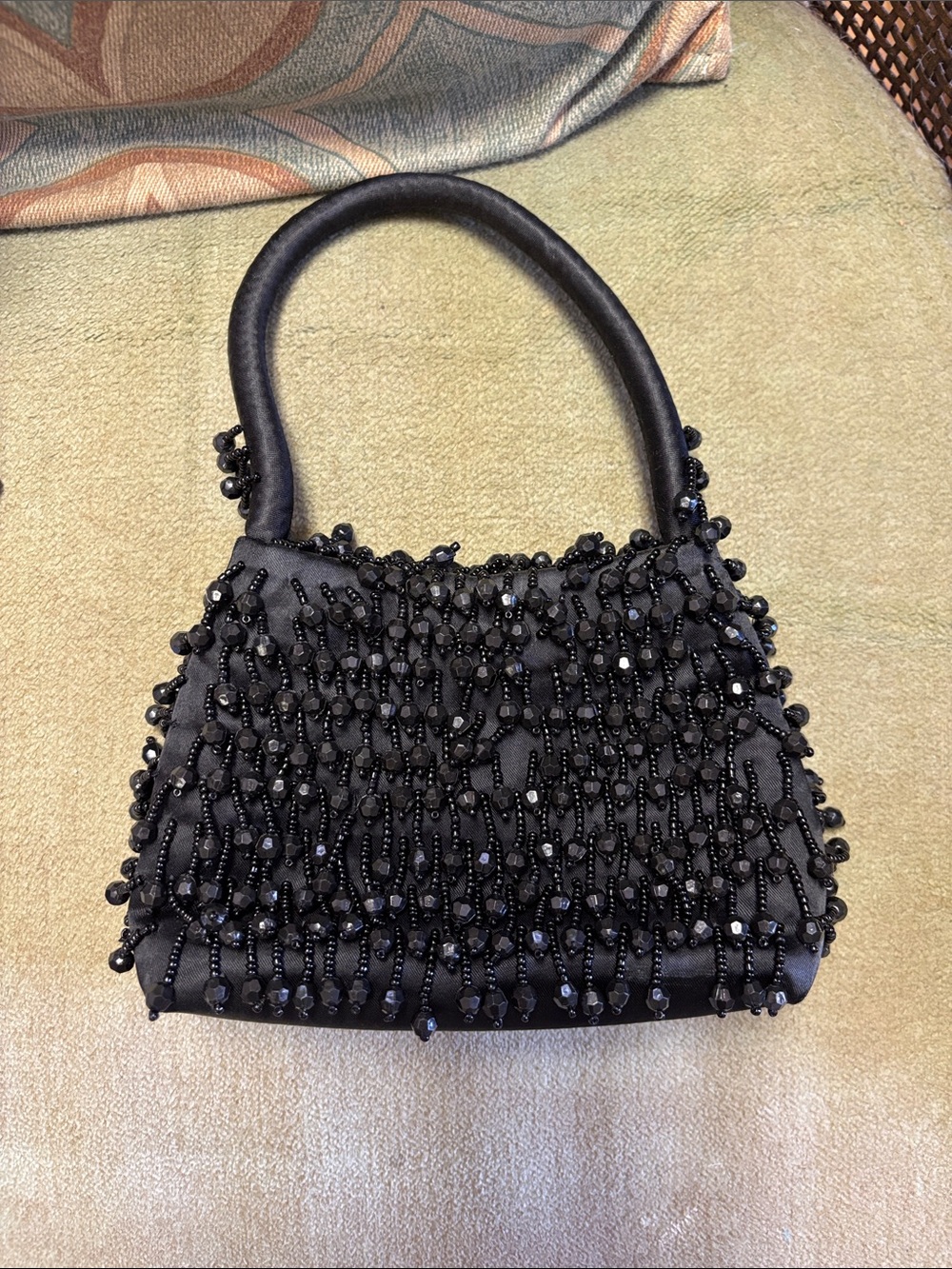 Black Beaded Evening Clutch with Top Handle